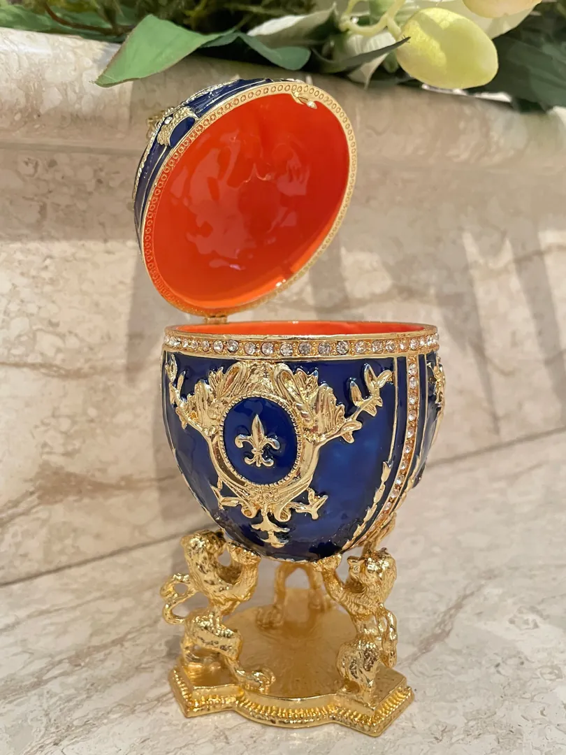 Sapphire Blue Faberge Egg Pendant & Fabergé Egg Decorative Boxes, Something Blue Wedding Gift, 24k Gold, 200 Austrian Crystal Handset Blue Gift