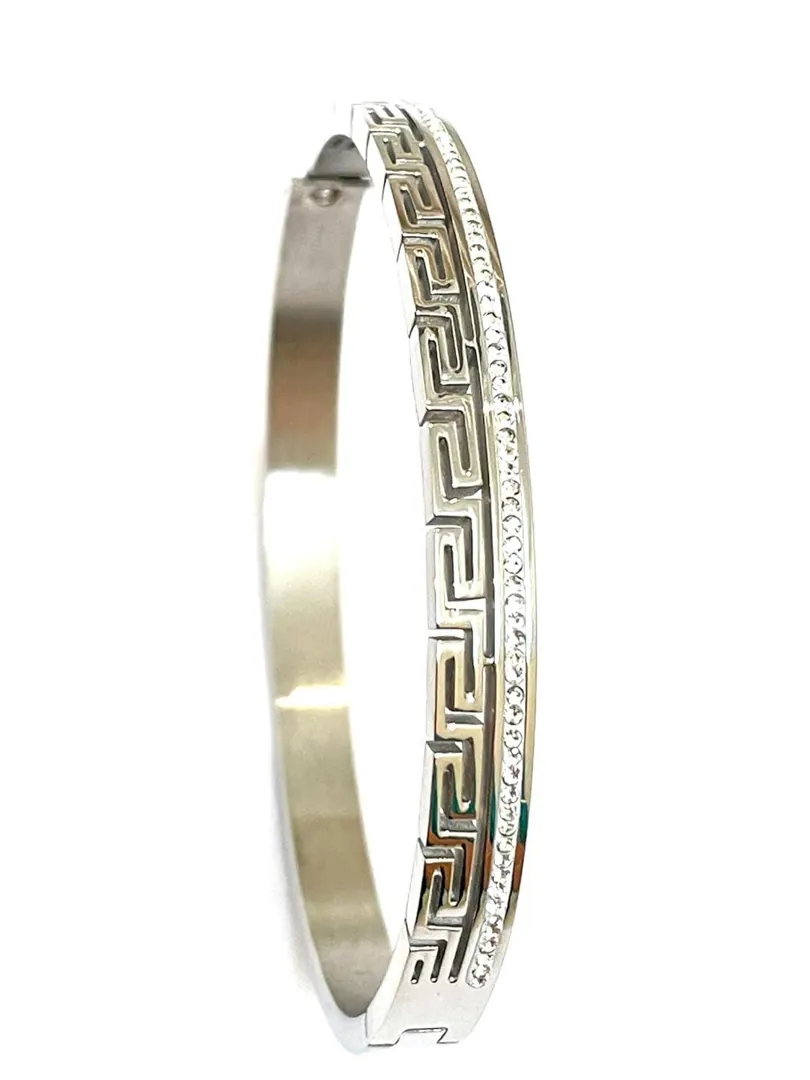 18k White Gold Meander Bracelet, Greek Key Bracelet, Ancient Greek Jewelry Bangle Bracelet, Geometric Bracelet for Women, 58 Swarovski.
