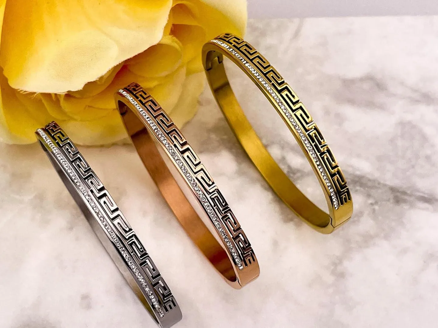 18k White Gold Meander Bracelet, Greek Key Bracelet, Ancient Greek Jewelry Bangle Bracelet, Geometric Bracelet for Women, 58 Swarovski.