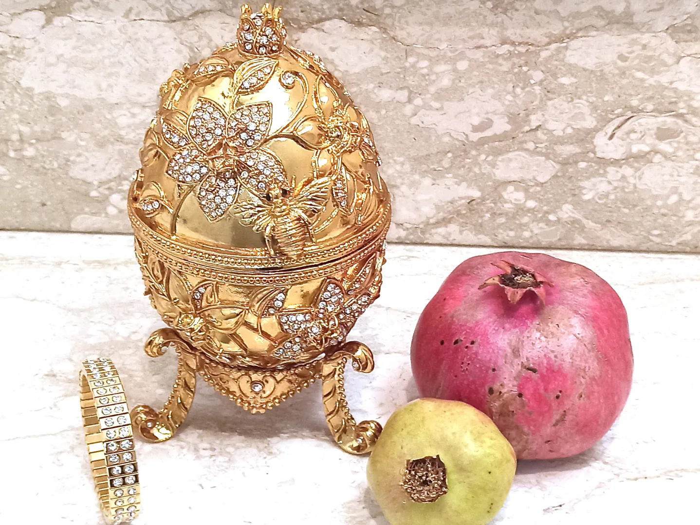 Egg Fabergé, Luxury Wedding Gift, Pomegranate, Faberge Egg Style, Pomegranate Ring Box, 24K Gold, Pomegranate Ornament, 450 Diamonds 10ct.