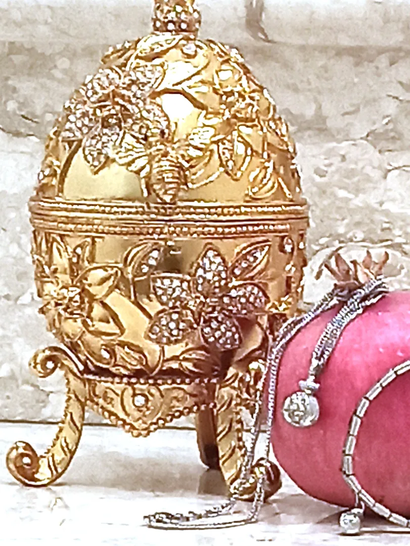 Pomegranate, Faberge style egg, Pomegranate ornament, 24k gold, Fabergé egg, Pomegranate trinket box, Faberge jewelry, bracelet, necklace set.