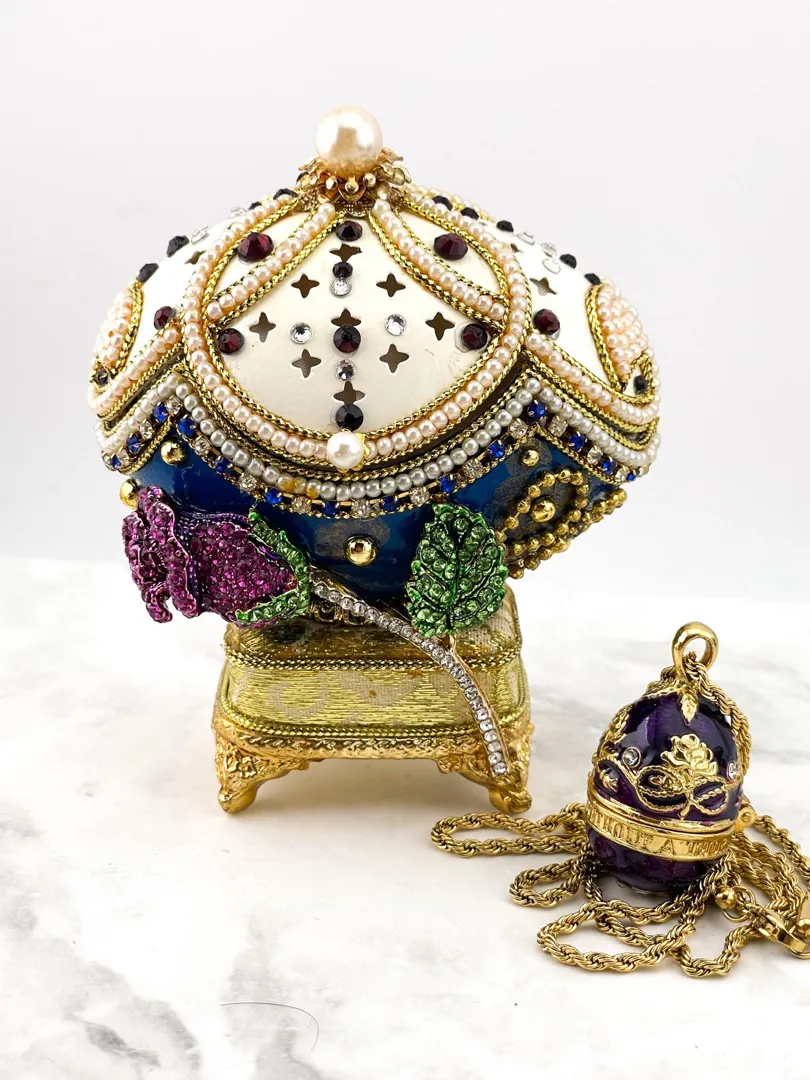 1992 Faberge Style Eggs Natural Handmade Real Egg Trinket Boxes 33rd Anniversary Gift Fabergé Amethyst Austrian Crystal Pure Gold Decor