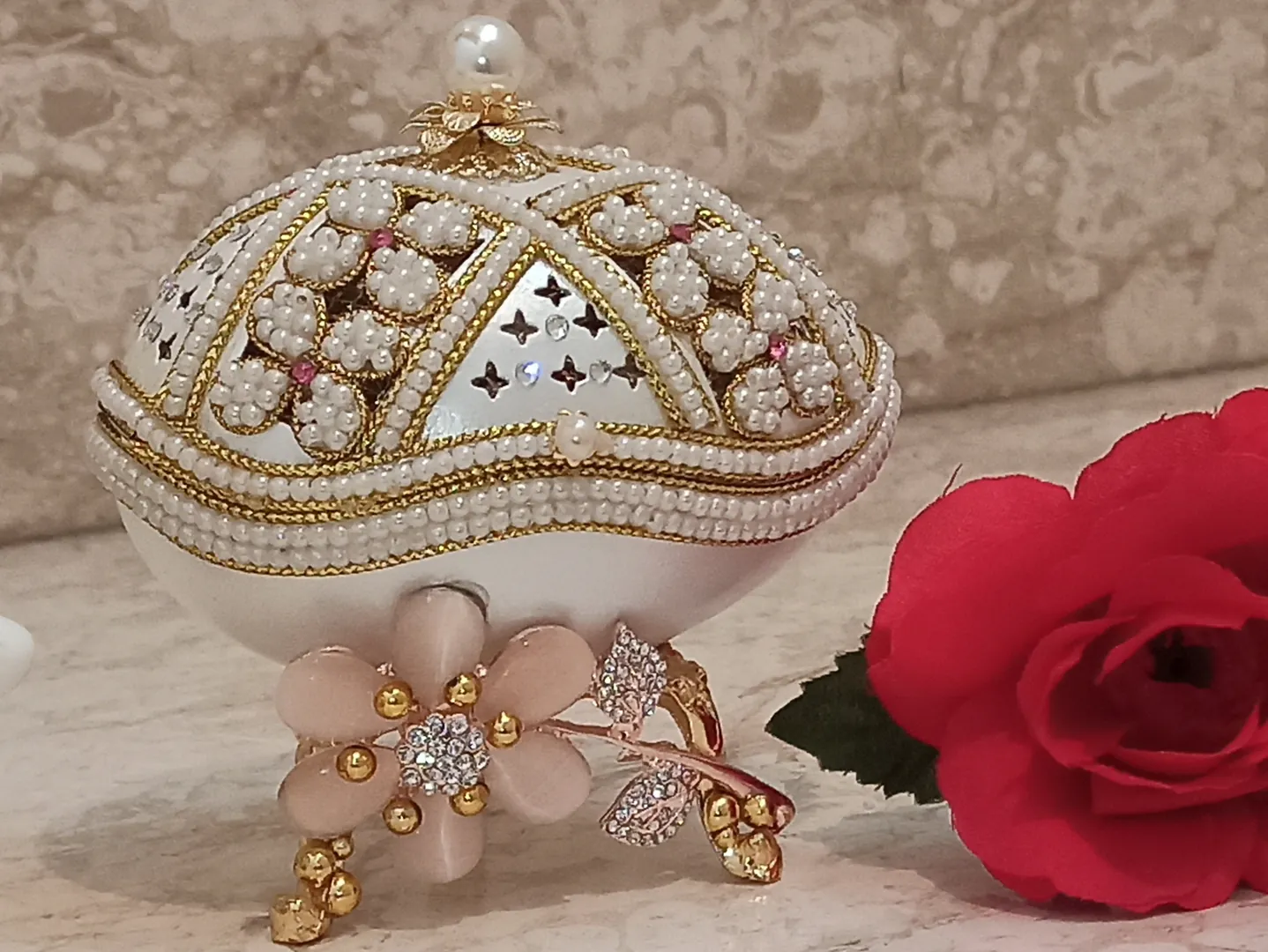 Mothers Day Gift Box Luxurious Jewelry Box Only ONE Exquisite Gift Box Handcarved 24k Gold Austrian Crystal Pearl Faberge Necklace & Bracelet