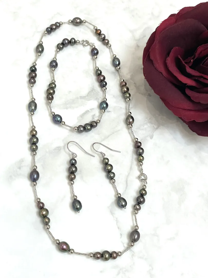 Pierre Lorren Black South Sea Pearl Jewelry Set: Black Tahitian Necklace, Tahitian Pearl Earrings, Tahitian Bracelet. Saltwater Pearl Set.