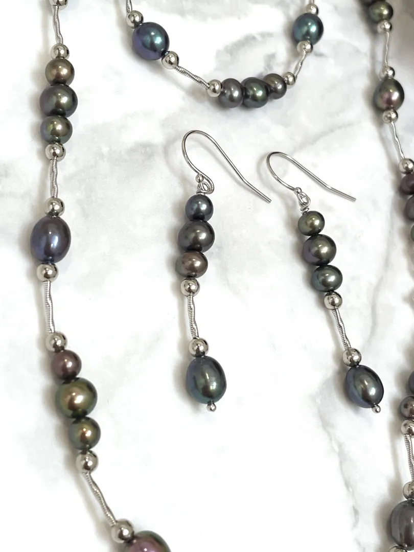 Pierre Lorren Black South Sea Pearl Jewelry Set: Black Tahitian Necklace, Tahitian Pearl Earrings, Tahitian Bracelet. Saltwater Pearl Set.