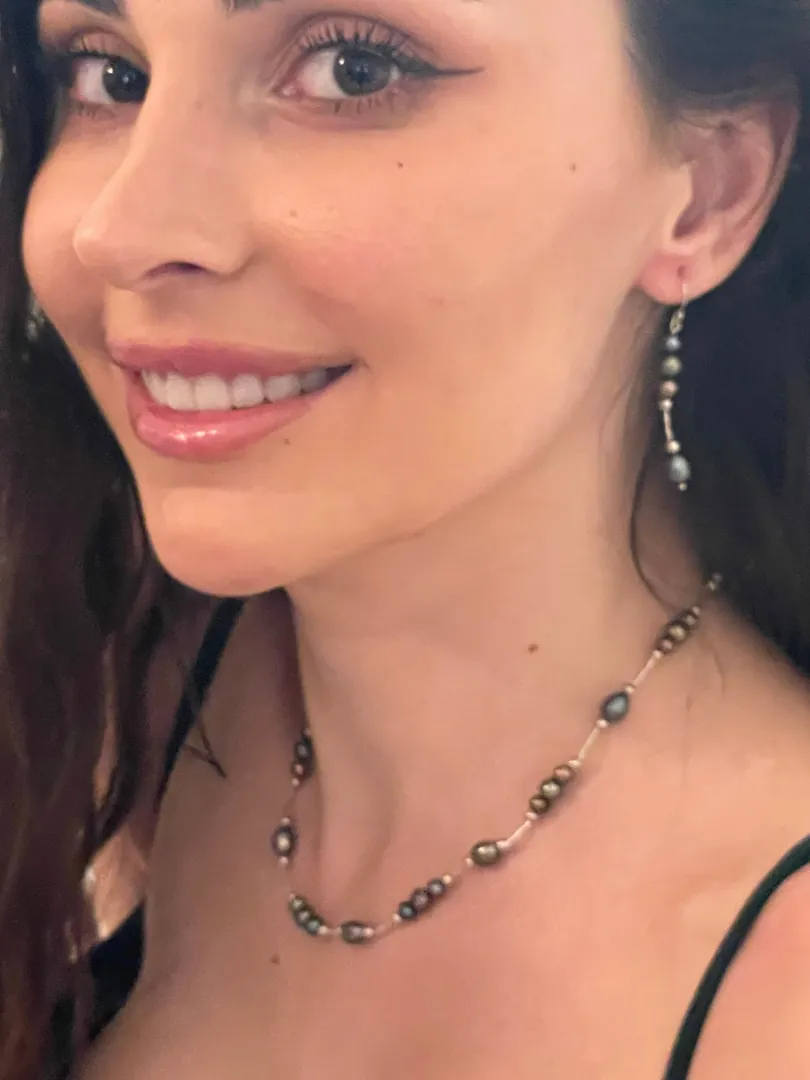 Pierre Lorren Black South Sea Pearl Jewelry Set: Black Tahitian Necklace, Tahitian Pearl Earrings, Tahitian Bracelet. Saltwater Pearl Set.