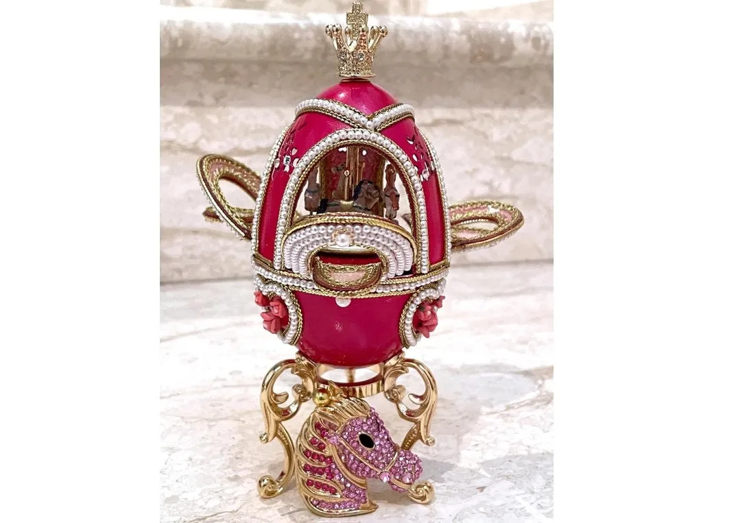 Pierre Lorren Faberge Egg Style Musical Carousel Handmade Natural Egg Pure Gold Decor - Unique Faberge Egg for Lovers 15th Wedding Anniversary