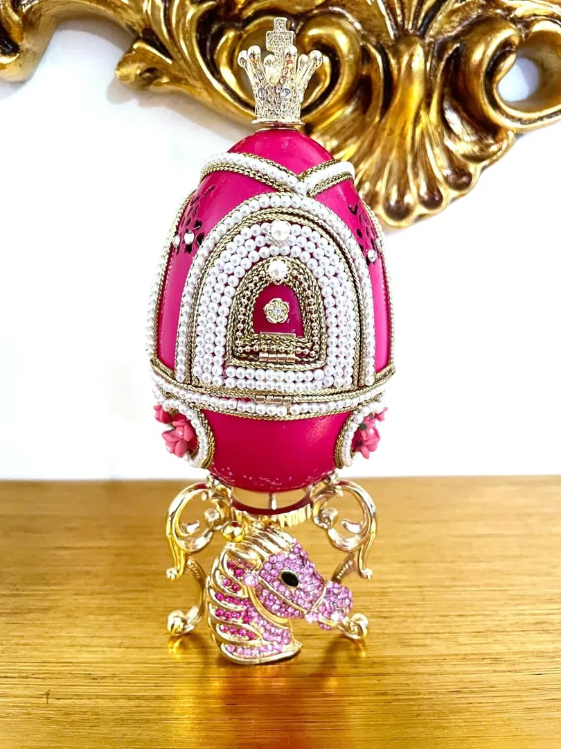 Pierre Lorren Faberge Egg Style Musical Carousel Handmade Natural Egg Pure Gold Decor - Unique Faberge Egg for Lovers 15th Wedding Anniversary