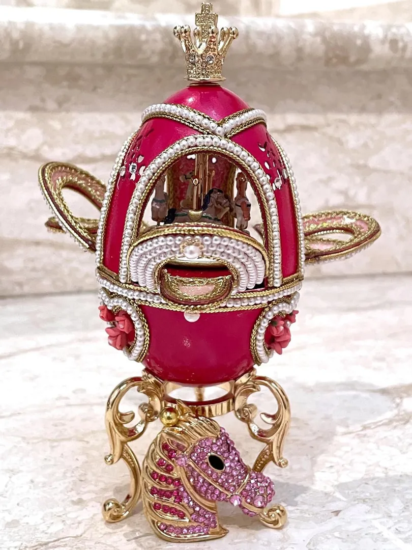 Pierre Lorren Faberge Egg Style Musical Carousel Handmade Natural Egg Pure Gold Decor - Unique Faberge Egg for Lovers 15th Wedding Anniversary
