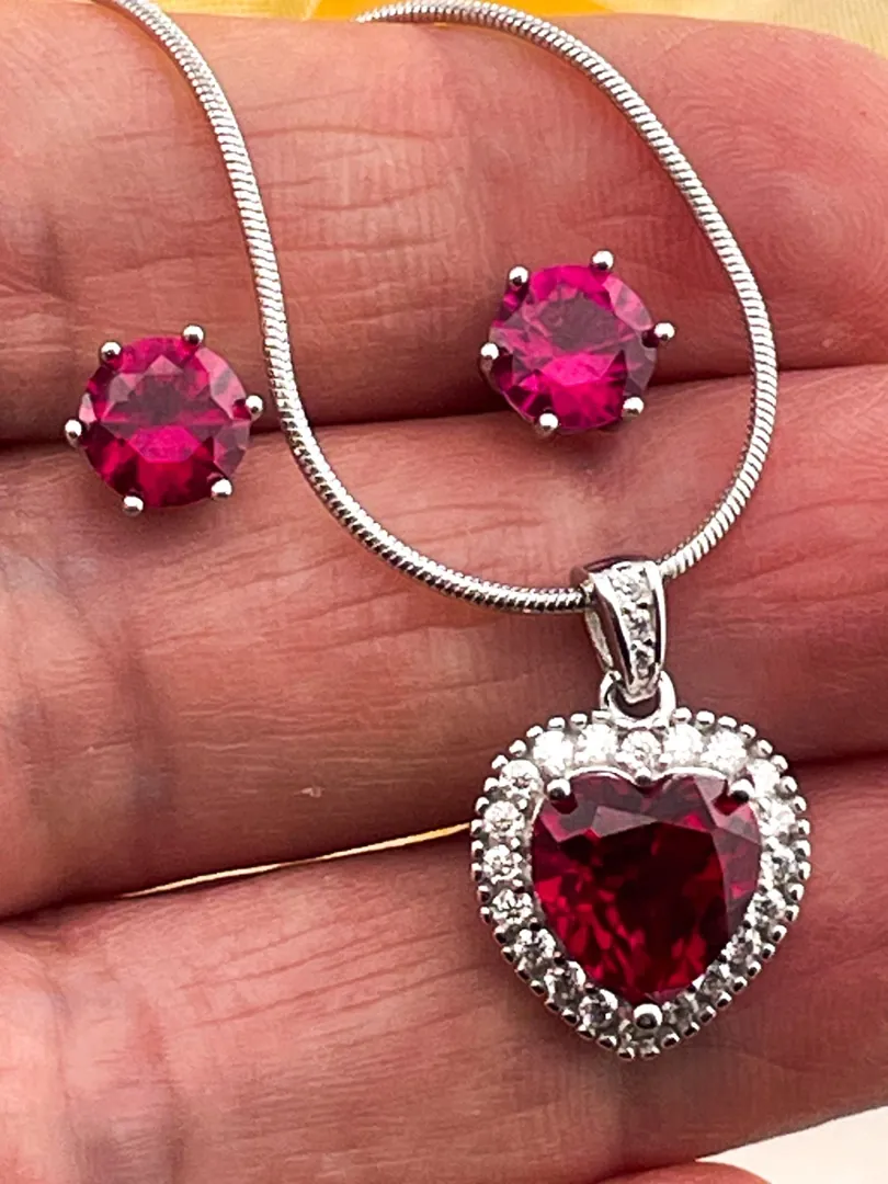 3.5 Carat Natural Ruby Diamond Heart Necklace Pendant Ruby Stud Earrings Heart Shaped Jewelry Diamond Set 18k White Gold 40th Anniversary