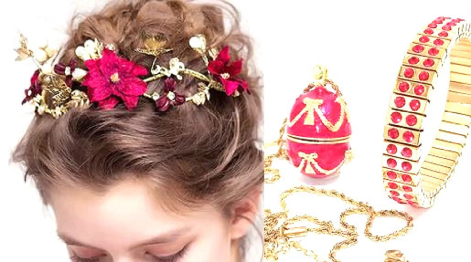 RUBY, Red Jewelry Bridal SET, 24K GOLD Ruby Bracelet & Faberge egg Pendant + Gold Pearl Tiara, Fiance gift, Wedding Party Red Jewelry, 2ct