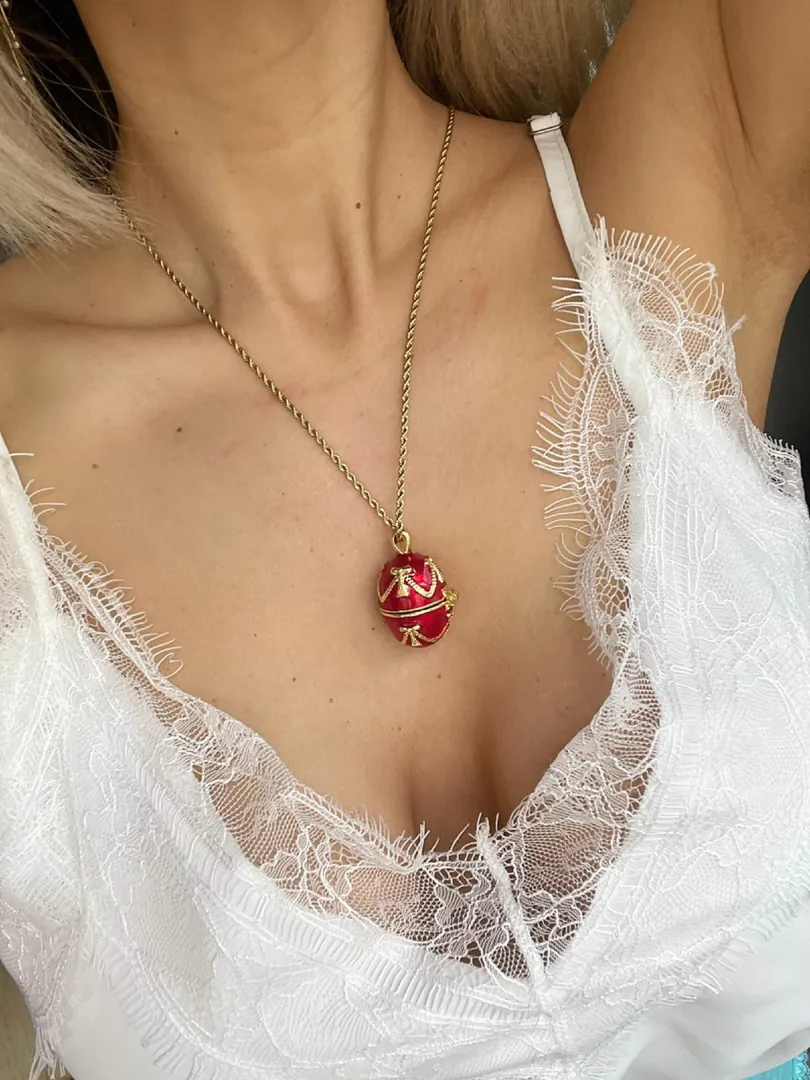Christmas Jewelry Set, Faberge Egg Necklace & 2ct Ruby Bracelet + Gold Pearl Hair Comb, Xmas Jewelry Gift, Christmas Necklace, Daughter Gift