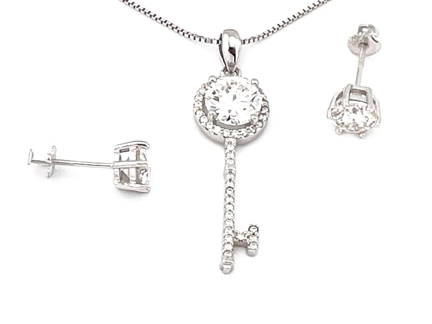4.2ctw Certified Key Pendant Necklace Diamond Jewelry Set. Diamond Pendant Necklace, Screwback Earrings, Diamond Studs Jewelry in Silver and 18k Gold.