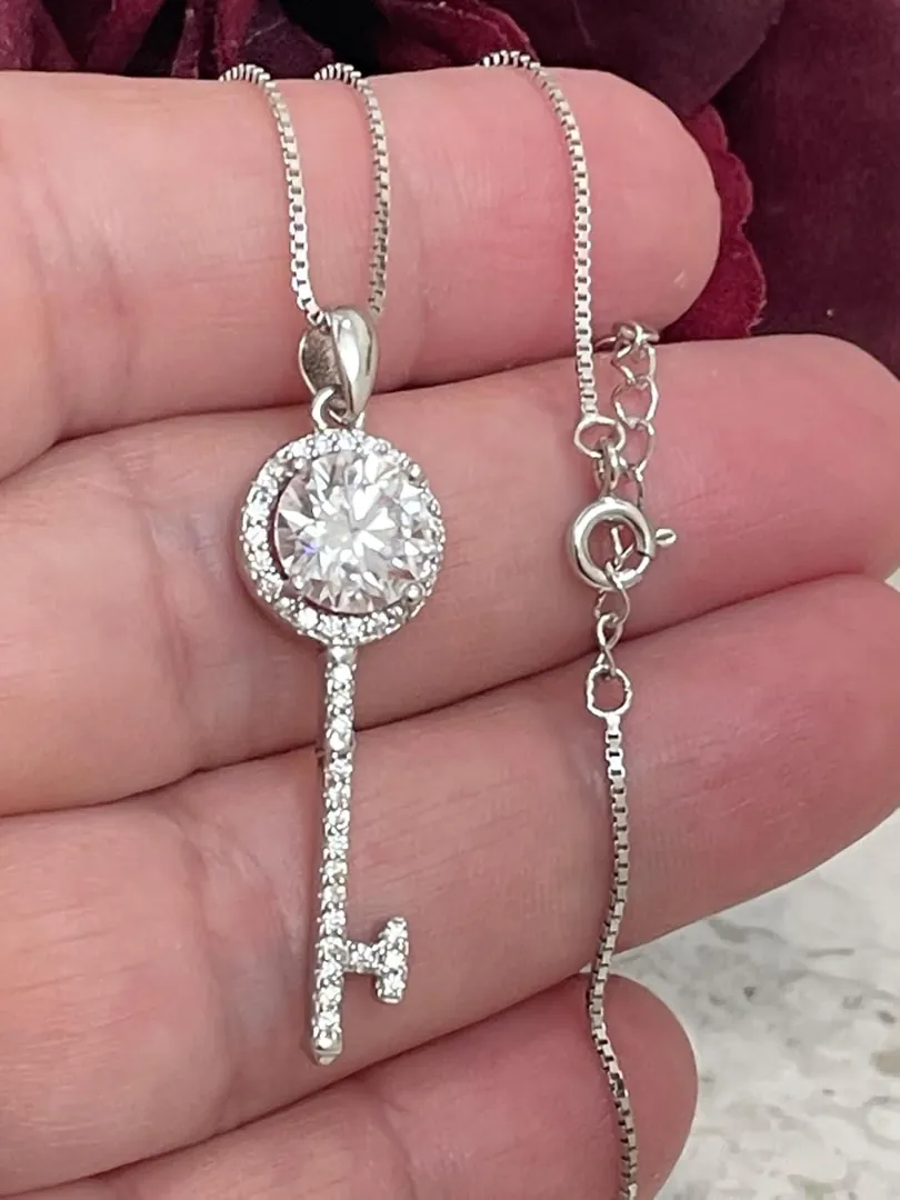 4.2ctw Certified Key Pendant Necklace Diamond Jewelry Set. Diamond Pendant Necklace, Screwback Earrings, Diamond Studs Jewelry in Silver and 18k Gold.