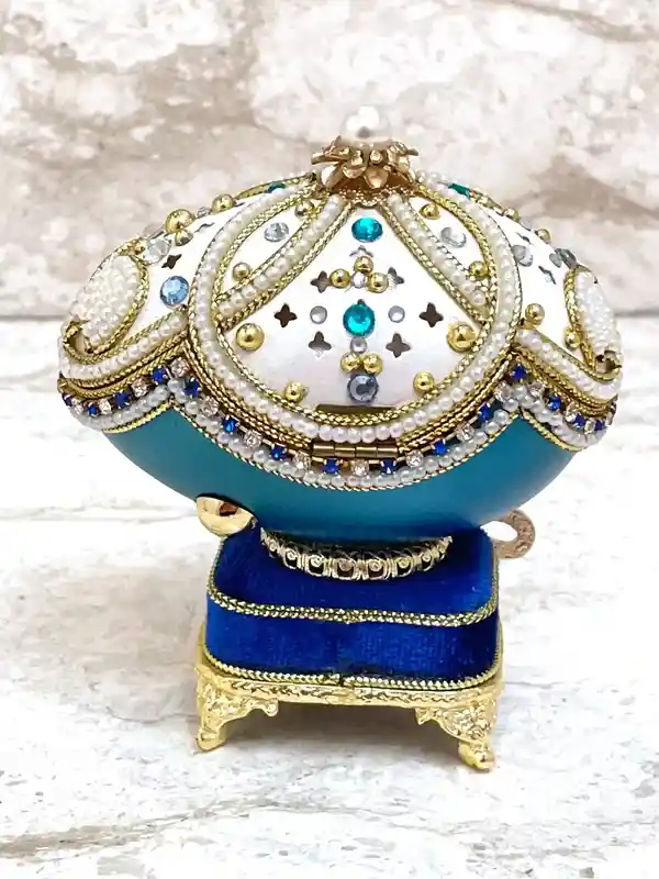 1999 One OfA Kind Faberge-Style egg Blue Trinket & Necklace for Mom 25 year Wedding Anniversary gift for Her 25th Birthday gift for Daughter LOVE 