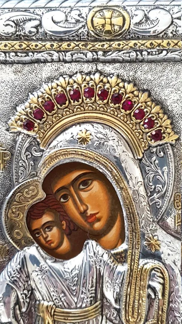 Mother and Child ICON ORTHODOX Our Lady Of Kykkos Solid Silver 925 Handmade Masterpiece 12 Rubies 24kt GOLD Set Holy Crown Handmade