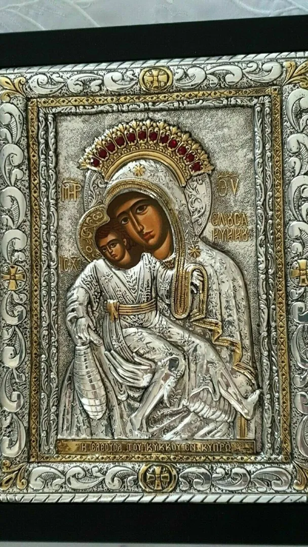 Mother and Child ICON ORTHODOX Our Lady Of Kykkos Solid Silver 925 Handmade Masterpiece 12 Rubies 24kt GOLD Set Holy Crown Handmade