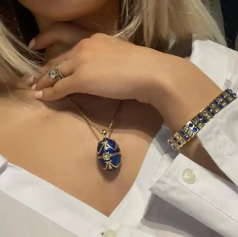 FABERGE-Style Egg Pendant Bracelet Necklace SET Something Blue Jewelry for wedding gift Bride Bridesmaid jewellery HANDMADE 24kGold bracelet 2ct