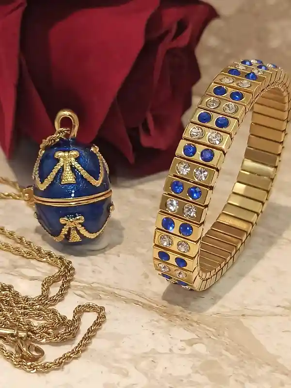 FABERGE-Style Egg Pendant Bracelet Necklace SET Something Blue Jewelry for wedding gift Bride Bridesmaid jewellery HANDMADE 24kGold bracelet 2ct 