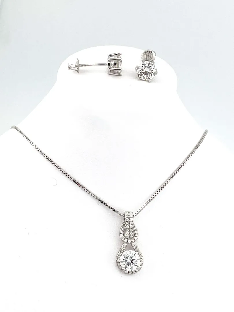 4.2ctw Certified Love Knot Diamond Jewelry Set: Diamond Pendant Necklace, Diamond Screwback Earrings, and Diamond Studs for Women in 18k Gold and Silver.