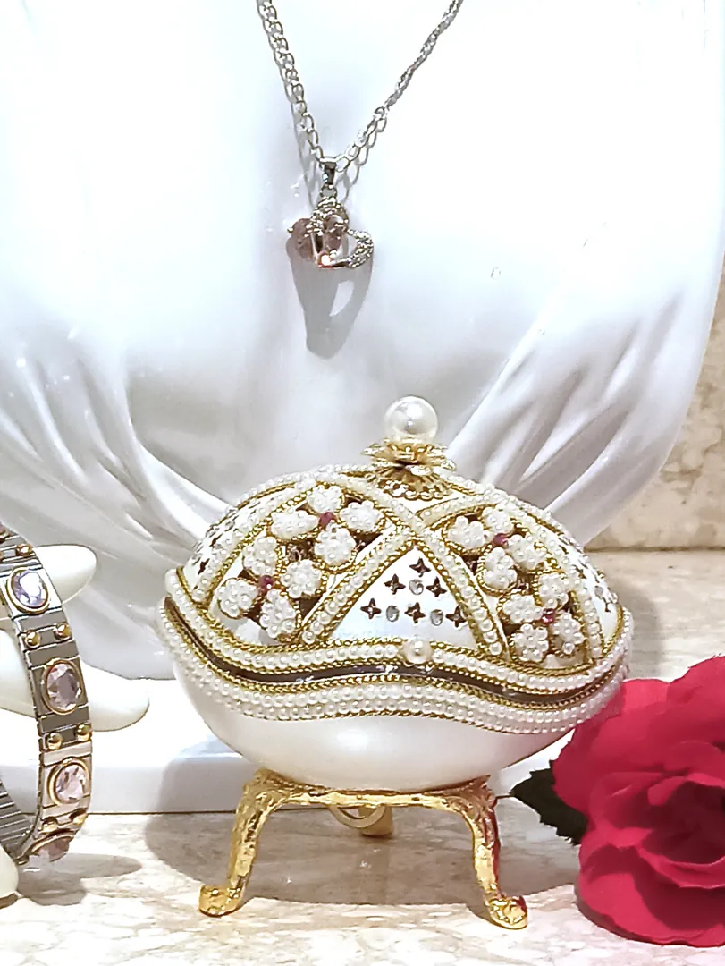 Sweet Birthday Gift for Her: Pink Faberge Egg Musical Jewelry Box, Faberge Pendant Heart Necklace, Silver Bracelet, Pink Topaz Fabergé Egg Set.