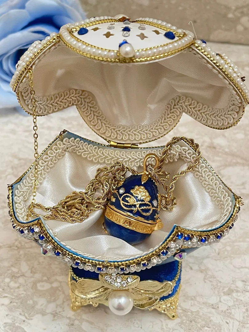 1993 Vintage Faberge Egg Style Music Blue Faberge Egg Collectors Box Natural Hand Carved Egg Fabergé Egg Sapphire 24k Gold Gift for Birthday