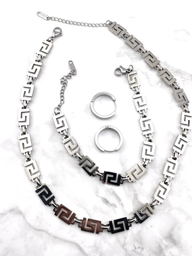 Designer Greek Key Necklace Bracelet Earrings Set Greek Jewelry Meander Jewelry Gift for Her Ancient Greece Infinity Luck Eternity Birthday