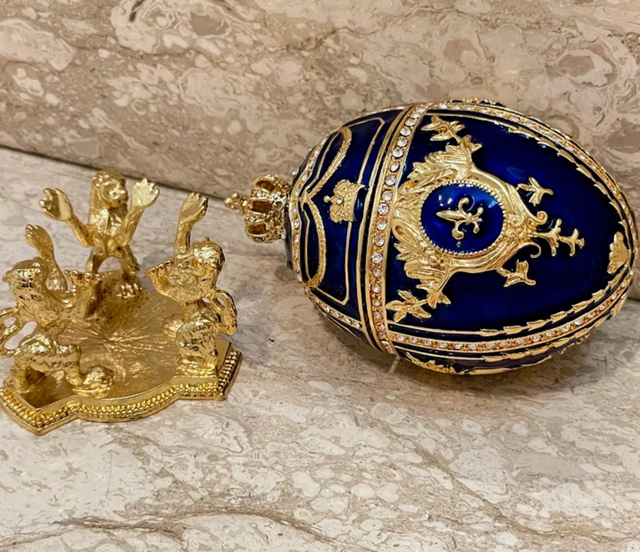 Royal Purple Fabergé Egg style 24K Gold 4ct Collector's Egg Fabergé Jewelry Box Fabergé Egg Trinket Box HAND Decorated with 200 Austrian Crystals.