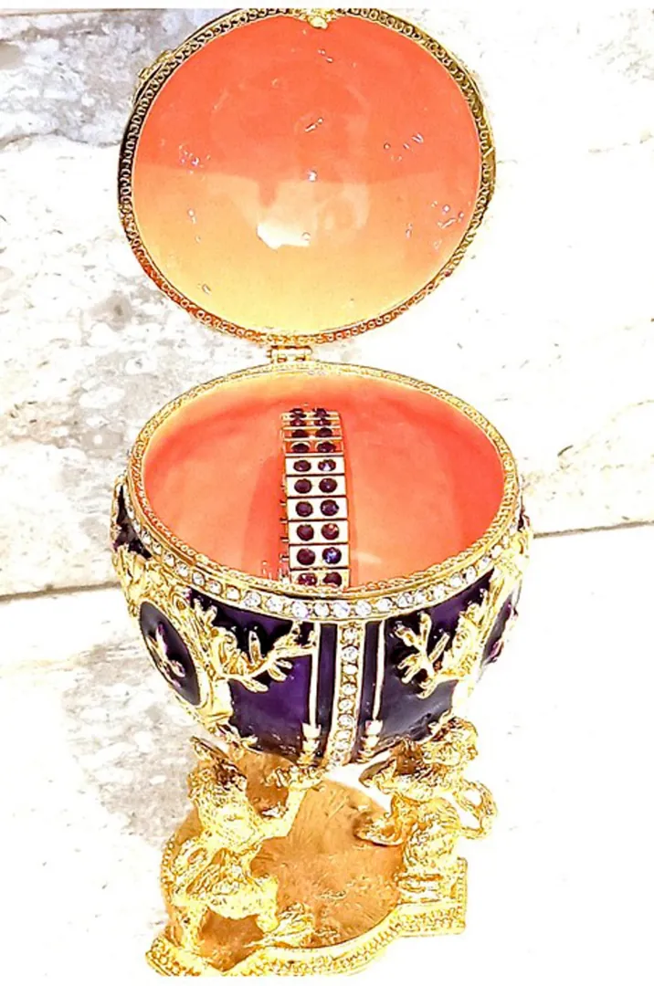 Royal Purple Fabergé Egg style 24K Gold 4ct Collector's Egg Fabergé Jewelry Box Fabergé Egg Trinket Box HAND Decorated with 200 Austrian Crystals.