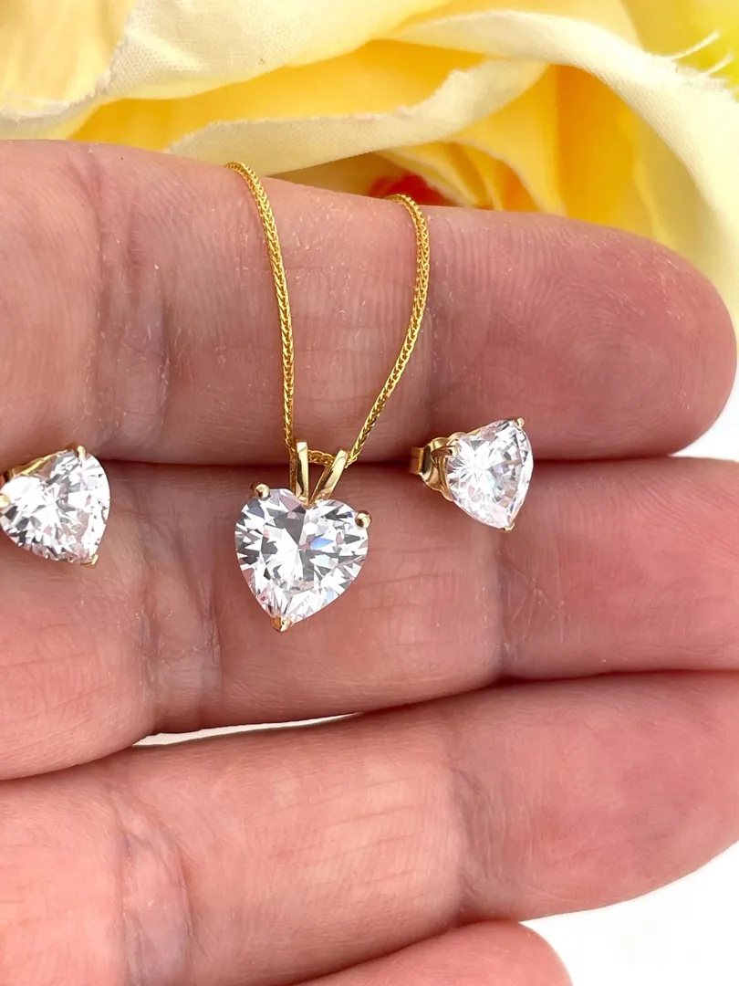 3.5ct Solid 18k Gold Diamond Solitaire Necklace Heart Shape Pendant Earrings Delicate Bridal Diamond Necklace Jewelry Set 18kt Bride Set