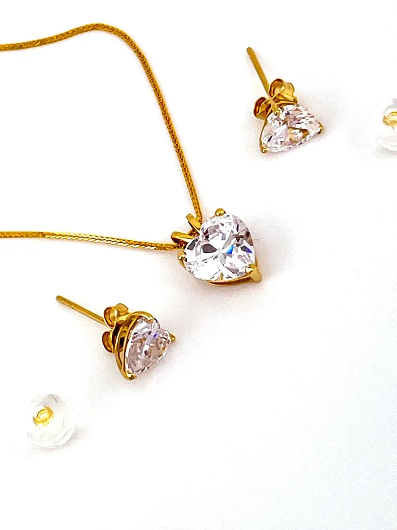 3.5ct Solid 18k Gold Diamond Solitaire Necklace Heart Shape Pendant Earrings Delicate Bridal Diamond Necklace Jewelry Set 18kt Bride Set