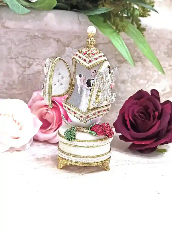 Luxury Wedding Gift, Faberge-Style egg style Personalized, 24k GOLD, Ruby Anniversary, 5ct, Faberge Music Box, Wedding ornament, HANDCARVE,Faberge