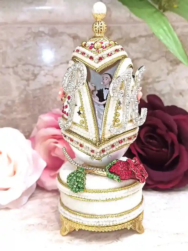 Luxury Wedding Gift, Faberge-Style egg style Personalized, 24k GOLD, Ruby Anniversary, 5ct, Faberge Music Box, Wedding ornament, HANDCARVE,Faberge 