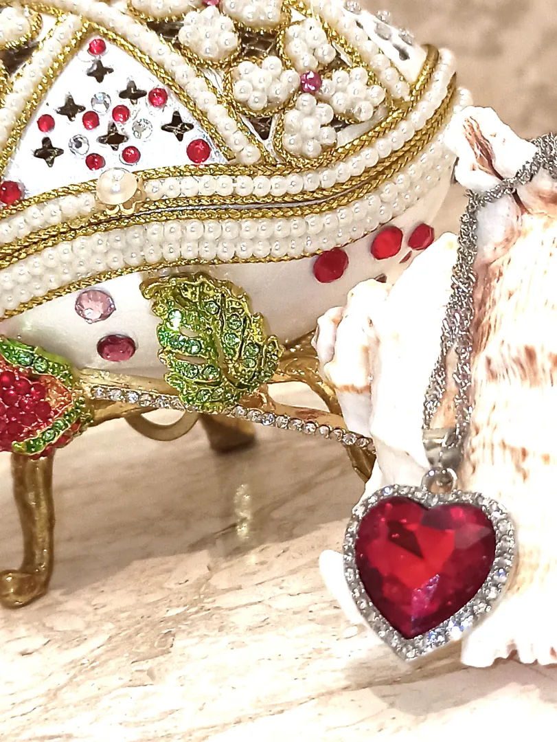 One of a Kind Faberge Egg 24k Gold Musical Jewelry Box + Sterling Silver Ruby Heart + Bracelet Handcarved Fabergé Egg Style Christmas Gift.