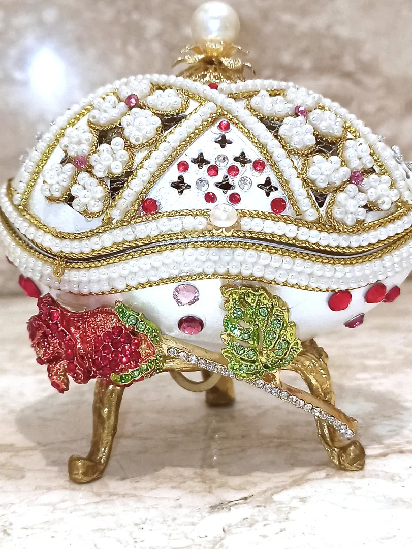 One of a Kind Faberge Egg 24k Gold Musical Jewelry Box + Sterling Silver Ruby Heart + Bracelet Handcarved Fabergé Egg Style Christmas Gift.