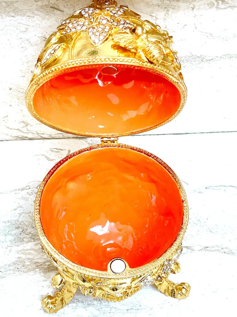 Vermeil Gold Faberge Jewelry Box Pomegranate Collector Retirement Mom Gift New Beginnings Gift for Women + Handmade Gold Diamond Bracelet