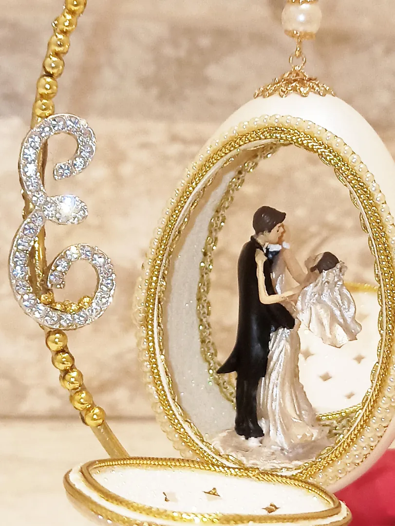 Faberge Egg Personalized Initial Artisan Wedding Anniversary Gift for Couple 24k Gold Handcarved Natural Egg Newlywed Gift for Bridal Shower