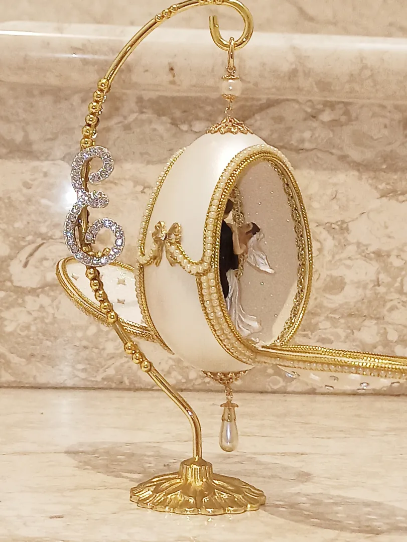 Faberge Egg Personalized Initial Artisan Wedding Anniversary Gift for Couple 24k Gold Handcarved Natural Egg Newlywed Gift for Bridal Shower