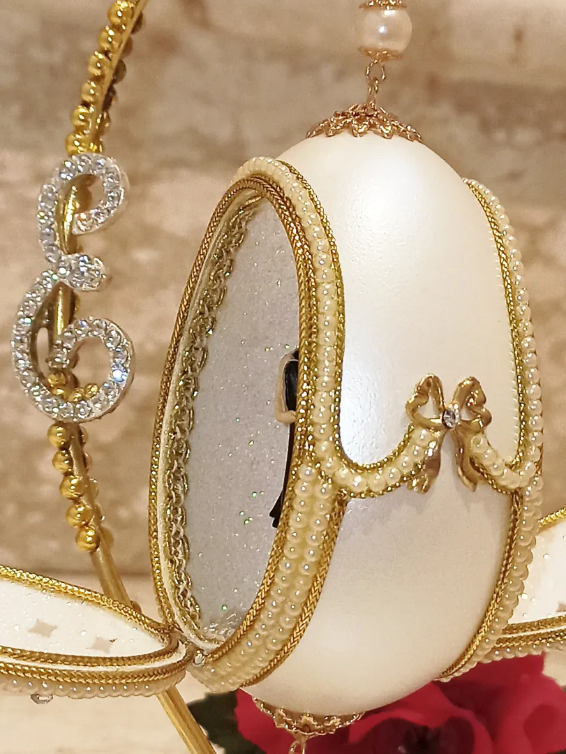 Faberge Egg Personalized Initial Artisan Wedding Anniversary Gift for Couple 24k Gold Handcarved Natural Egg Newlywed Gift for Bridal Shower