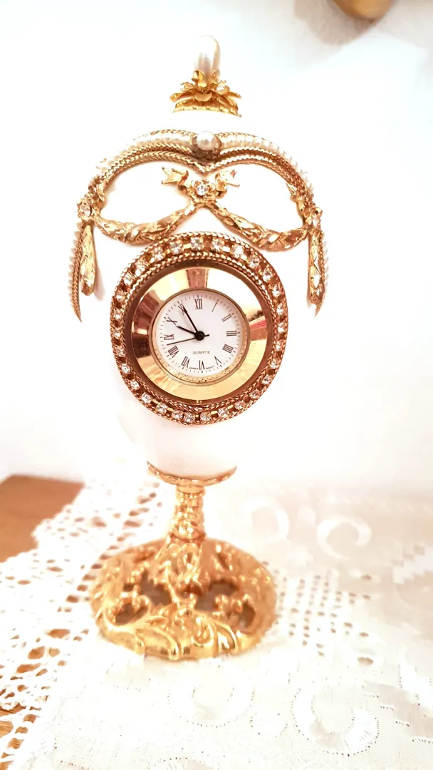 1996 Faberge Antique Clock, Faberge Egg Wedding Ring Box, Engagement Proposal Ring Box, 24k Gold Art Deco Fabergé Style, 25th Anniversary Gift.