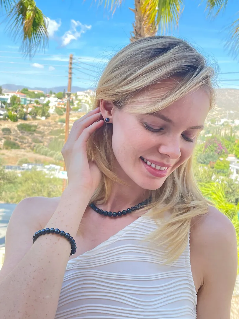 PierreLorren Tahitian Black Pearl Jewelry Set South Sea Pearl Tahitian Necklace Black Pearl Bracelet Black Pearl Earrings Studs Mothers Day