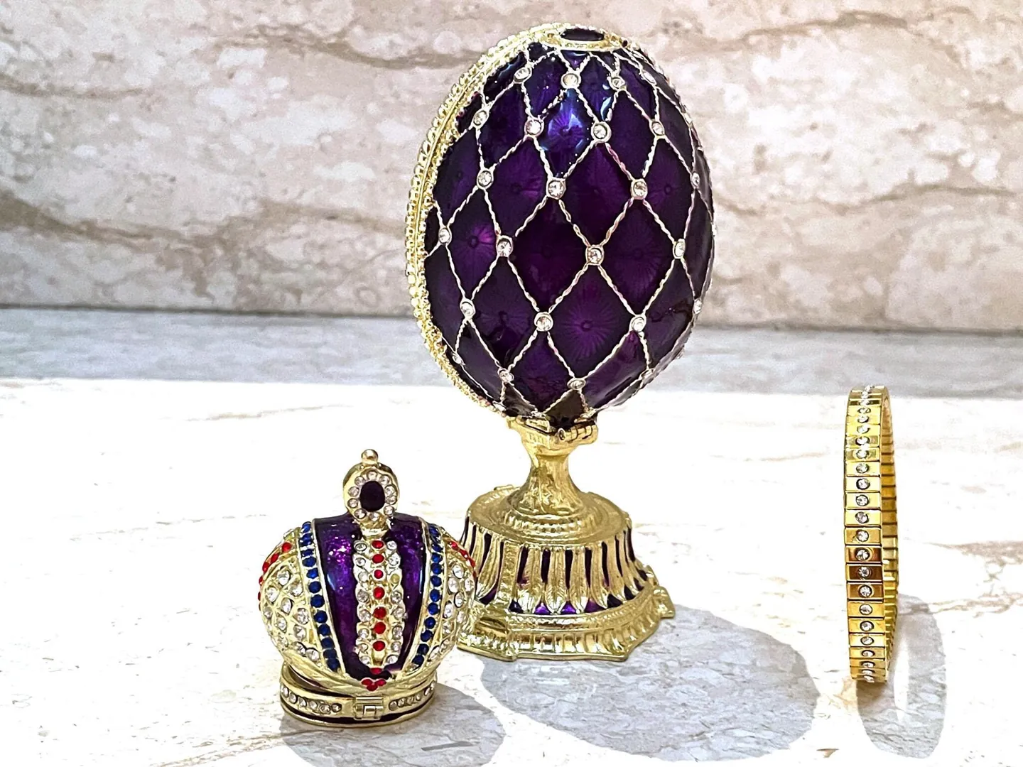 Amethyst Gold Fabergé Box Imperial Crown Hideaway Trinket Fabergé Egg 333 Austrian Crystal Diamond plus Gold Bracelet Birthday Gift for Her