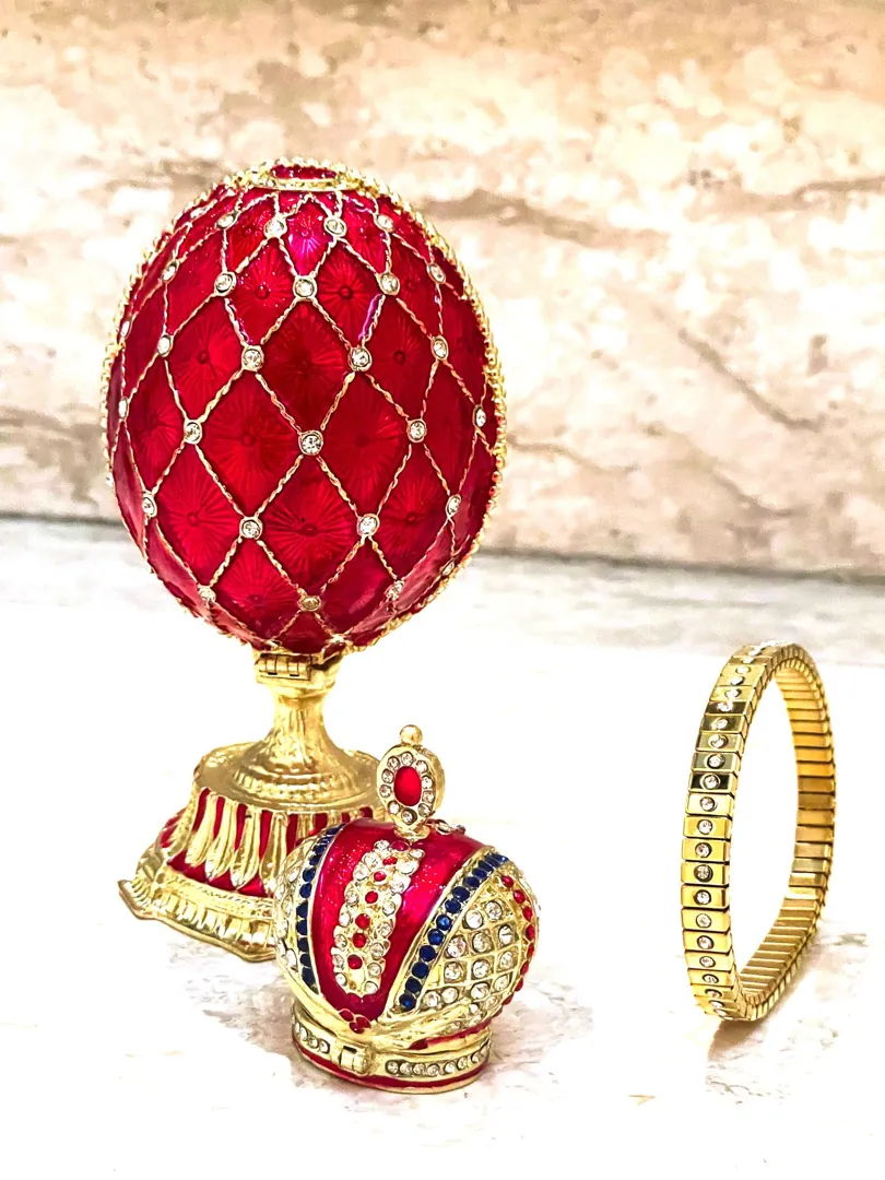 Ruby Gold Faberge Box Imperial Crown Hideaway Trinket Fabergé Egg 333 Austrian Crystal Diamond PLUS Gold Bracelet Birthday Gift for Her