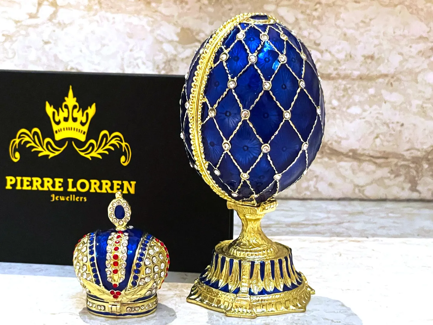 Sapphire Gold Faberge Box Imperial Crown Hideaway Trinket Fabergé Egg 333 Austrian Crystal Diamond plus Gold Bracelet Birthday Gift for Her