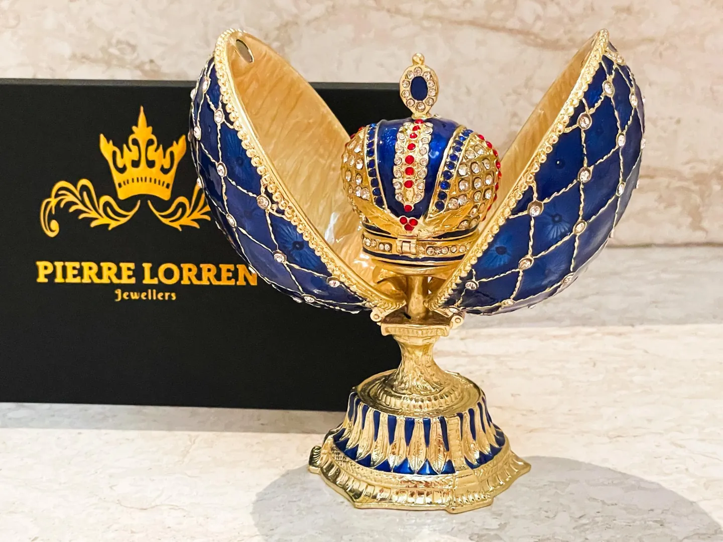 Sapphire Gold Faberge Box Imperial Crown Hideaway Trinket Fabergé Egg 333 Austrian Crystal Diamond plus Gold Bracelet Birthday Gift for Her