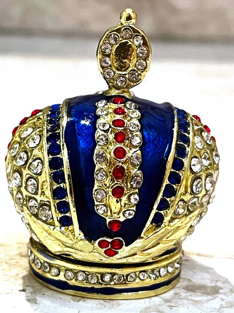 Sapphire Gold Faberge Box Imperial Crown Hideaway Trinket Fabergé Egg 333 Austrian Crystal Diamond plus Gold Bracelet Birthday Gift for Her