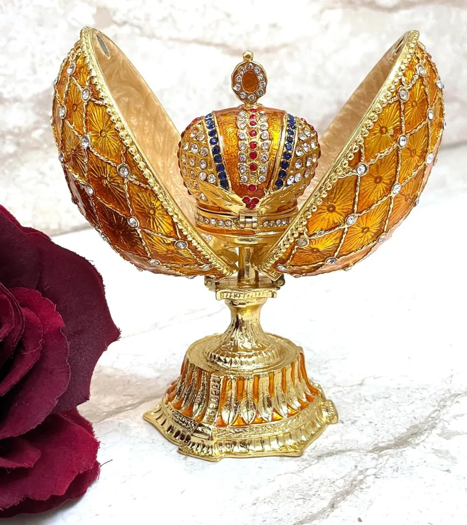 Gold Faberge Box Imperial Crown Hideaway Trinket Fabergé Egg 333 Austrian Crystal Diamond PLUS Gold Bracelet Birthday Gift for Her