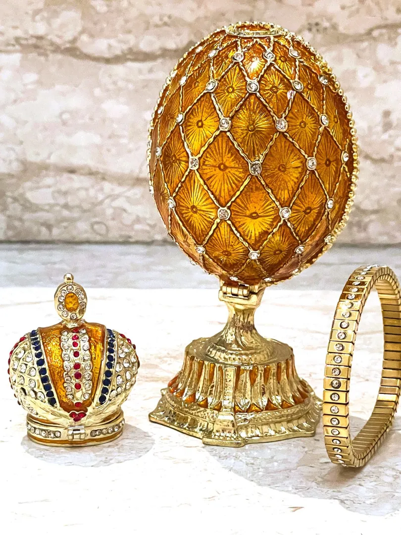 Gold Faberge Box Imperial Crown Hideaway Trinket Fabergé Egg 333 Austrian Crystal Diamond PLUS Gold Bracelet Birthday Gift for Her