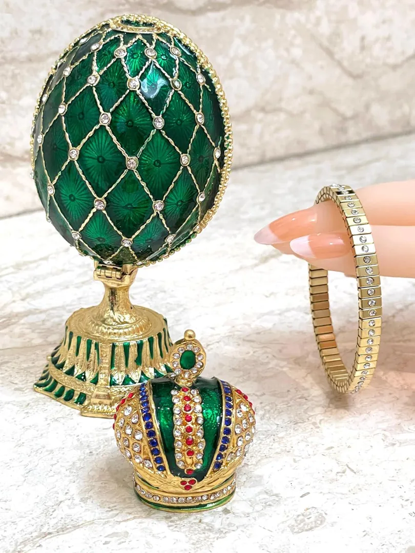 Green Faberge Box Imperial Crown Hideaway Trinket Fabergé Egg 333 Austrian Crystal Diamond PLUS Gold Bracelet Birthday gift for her