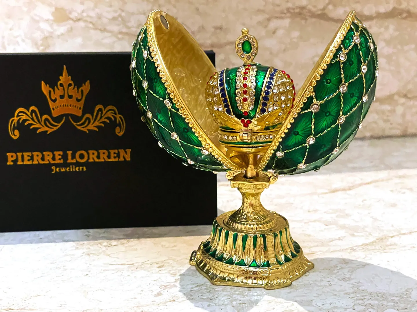 Green Faberge Box Imperial Crown Hideaway Trinket Fabergé Egg 333 Austrian Crystal Diamond PLUS Gold Bracelet Birthday gift for her